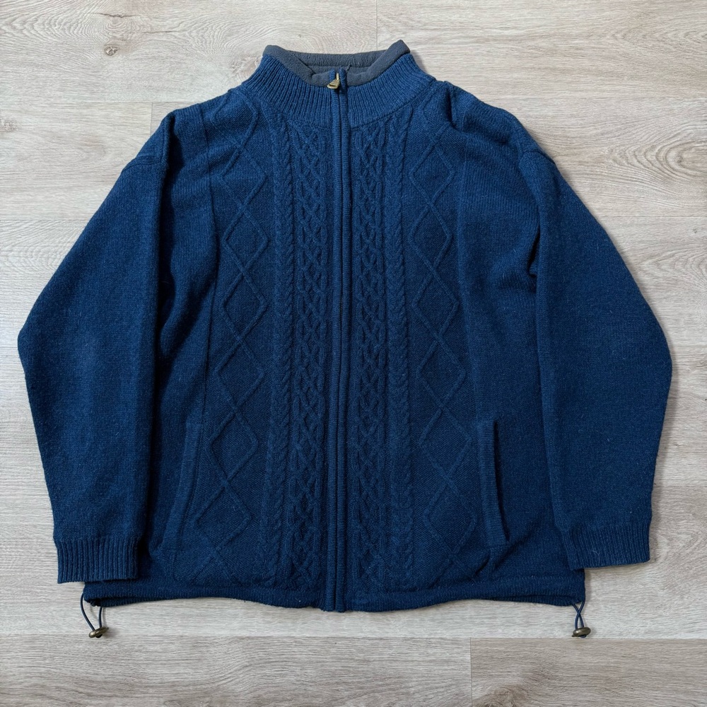 ARAN Sweater Mens Large Wool Cable Knit Irish Fisherman Woolen Mills Zip Lined